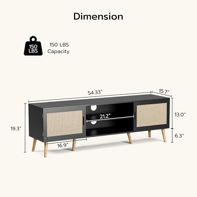 ZttRiee TV Stand with Rattan Doors for TVs up to 65", Mid-Century, Black | 54.7"W x 15.7"D x 18.9"H, 150 lbs capacity, 2 rattan-door cabinets & 1 shelf (4 compartments), 2 cord holes, 6 wood feet