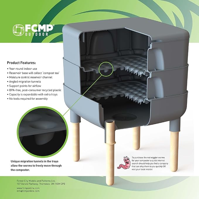 FCMP Outdoor - The Essential Living Composter, 2-Tray Worm Vermicomposter Bin (HF-LC4000v2-GRY) Grey