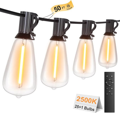 50FT Outdoor String Lights with Remote, Garden Patio Decor with 2500K Warm White, 25+1 LED Edison Bulbs, Support Timer Dimmable Waterproof Shatterproof for Yard Outside Porch Deck Indoor (24V)