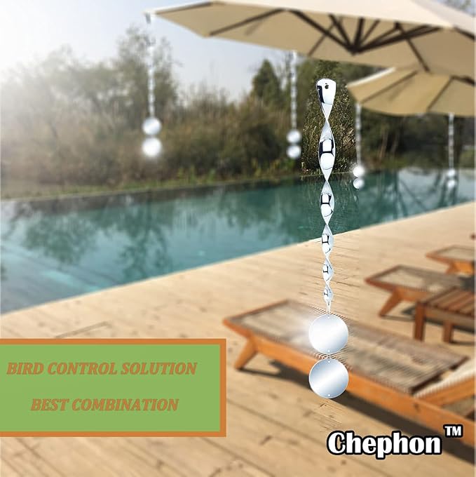 Chephon Bird Scare Rods with Reflective Discs Reflectors - Bird Spinner Scare Device of Twisting Rods and Disks to Keep Birds Away Like Woodpecker and Pigeon - 6 Pack