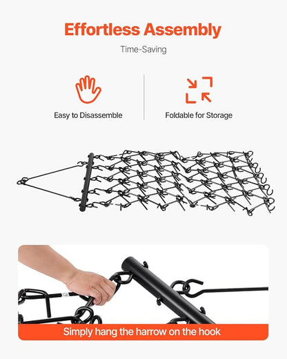 VEVOR Drag Harrow, 4 ft x 4 ft Durable Chain Harrow with 69 Sharp Teeth, Suitable for ATV UTV Tractor, Ideal for Soil Preparation, Seeding, Smoothing Landscapes, and Yard Gravel Driveway Maintenance