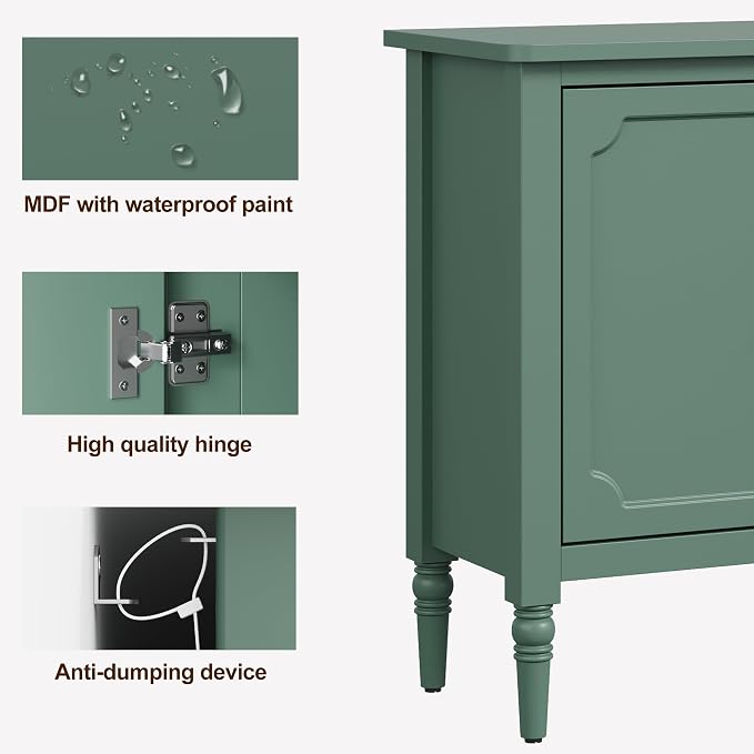 RoyalCraft Buffet Cabinet with 2 Doors & 3 Drawers, Vintage Sideboard with Storage, Painted Coffee Bar Table with Solid Wood Legs, Ideal for Kitchen, Living Room, Dining Room, Green