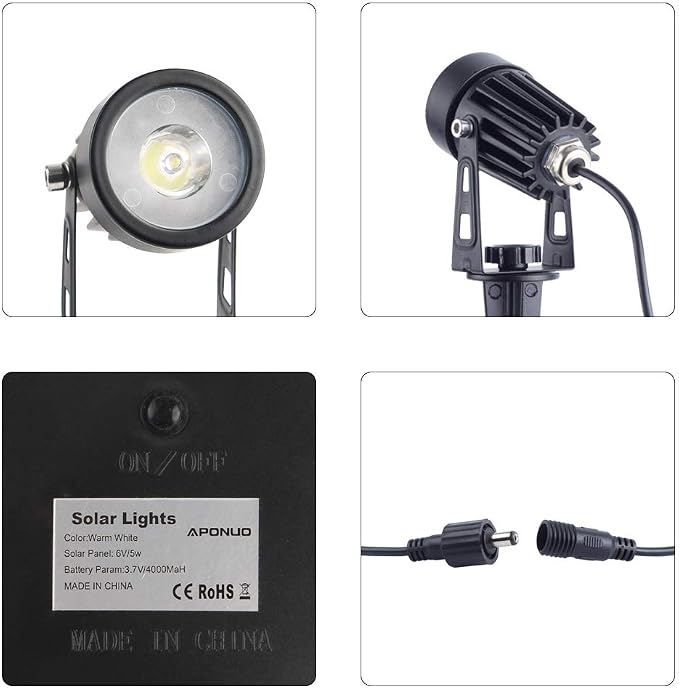 APONUO Metal Solar Spot Lights Outdoor with 9.8ft Cable Solar Powered Landscape Lighting Low Voltage IP65 Waterproof Auto On/Off for Outside Garden Yard Landscape Pathway Garage-Cool White(2-in-1)