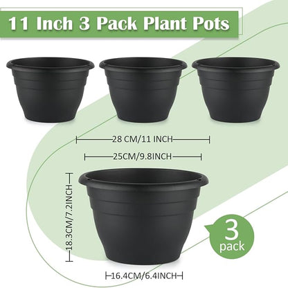 RooTrimmer 3 Pack 11 Inch Plant Pots for Indoor Outdoor,Plastic Floor Planters with Drainage Holes,Lightweight Durable Flower Pots for Home,Patio & Garden(Black)