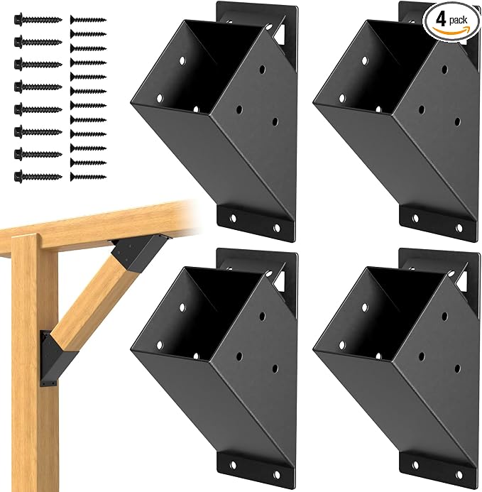 4 Pcs Pergola Brackets, 45-Degree Angle Bracket, Fit for 4''x4'' Wood Posts, Specially for Reinforcing Pergolas and Gazebos Garages, Tree Houses, Patios, Lawns, Cabins, Yards,…
