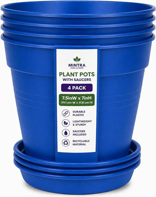 Mintra Garden Pots, 4 Pack Bulk Plastic Plant Pots with Drainage Tray, Round Indoor & Outdoor Decorative Planters with Drain Holes for Flowers, Herbs & Plants, 19cm Diameter – Blue, 7.5 in