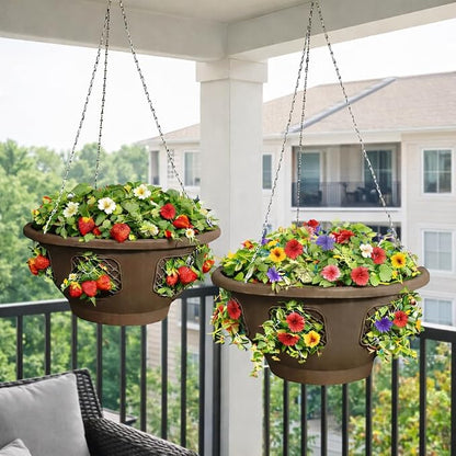 Hanging Planter Basket 10 Pack Bulk, Easy Fill Strawberry Planter, Outdoor Hanging Basket with Side Planting Panels, Durable UV Resistant Planters, Made in USA (10, Mocha)