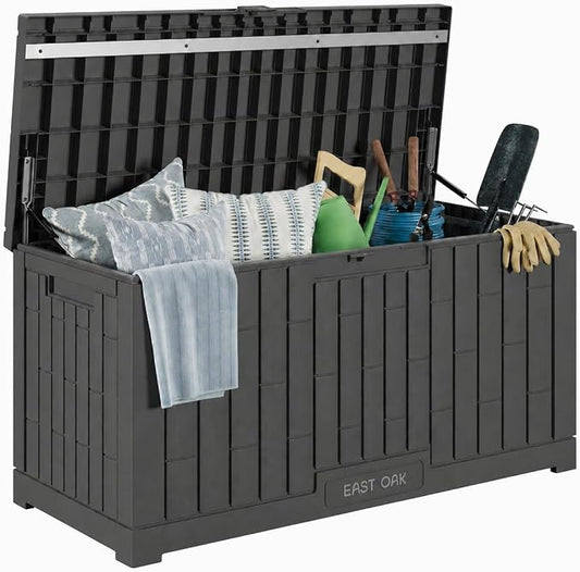EAST OAK Outdoor Storage Box, 80 Gallon Deck Box, Waterproof Resin Storage Bin for Patio Cushions, Gardening Tools, Lockable, UV Resistant, Ash Grey
