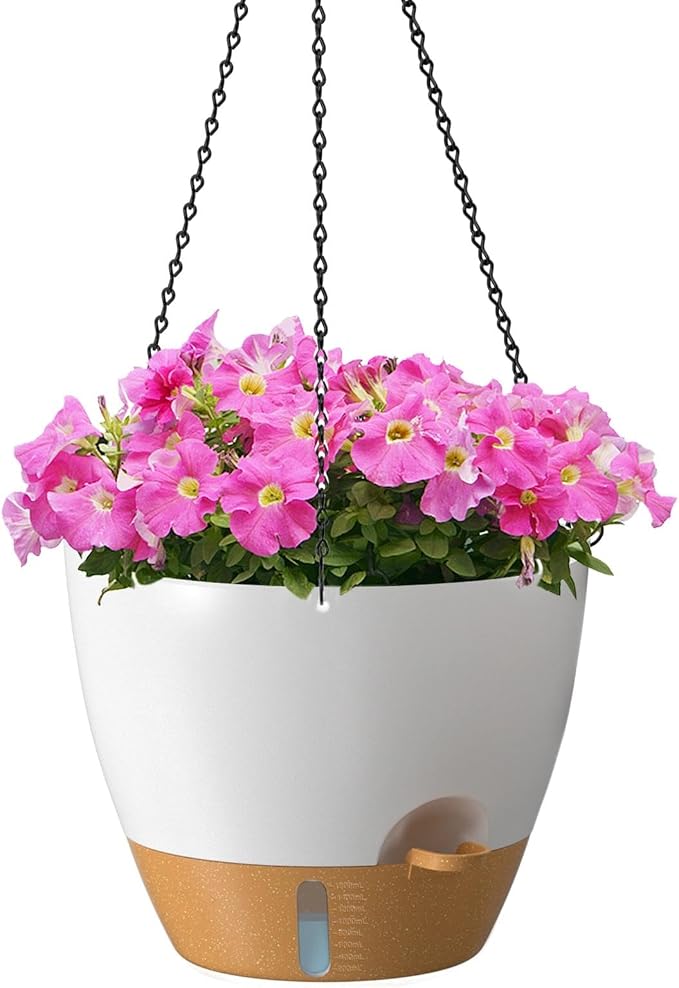 ZMTECH 12 Inch Large Self Watering Hanging Planters for Indoor Outdoor Plants - Water Level Indicator & Removable 60 Oz Reservoir, 1 Pack Plastic Hanging Basket for Window Porch Garden Balcony, White