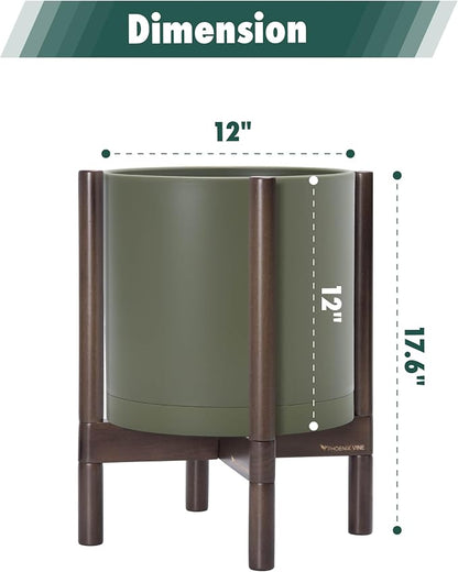 D'vine Dev Plastic Pot with Walnut Wood Stand, Olive, 12 in, 55-C-O-3 | Mid-Century Inspired Design, Elevated Plant Display, Clean Lines, Sturdy Support, Modern Space-Saving Style