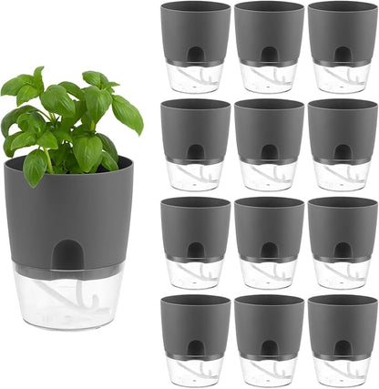 12 Pack Self Watering Pots for Indoor Plants, PlanterHoma 3.2 Inch Plant Pot Plastic Self Watering Planter for Orchid, African Violet, Mini Clear Flower Pots with Drainage Holes and Wicking Rope, Grey