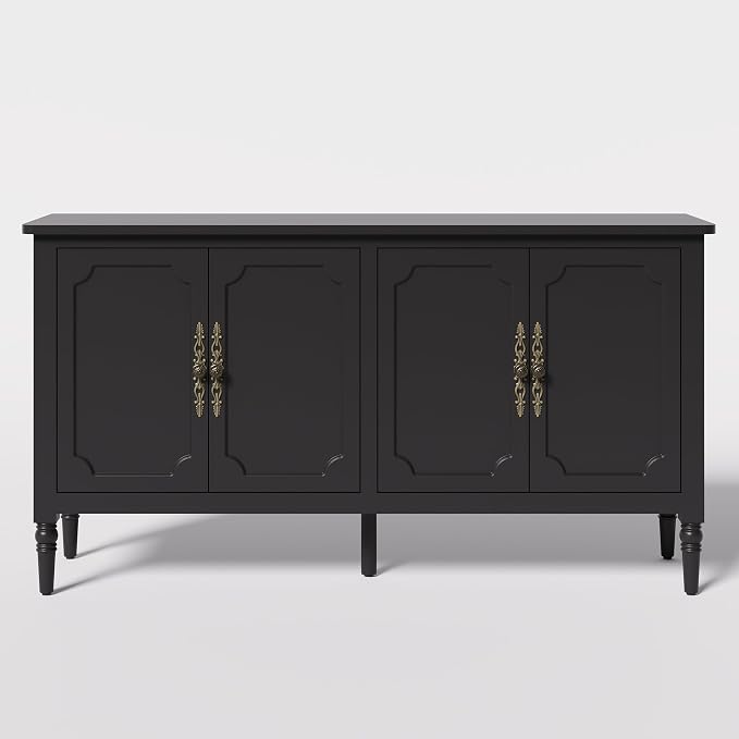 RoyalCraft Sideboard Buffet Cabinet with Storage, 59" Mid Century Modern Credenza with 4 Doors, Coffee Bar Wine Bar Storage Cabinet with Artistic Carved Handle for Living Room, Dining Room, Black
