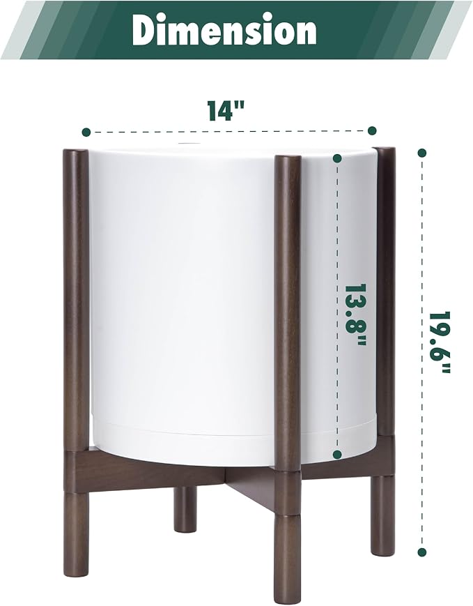 D'vine Dev Plastic Pot with Walnut Wood Stand, White, 14 in, 55-C-R-1 | Mid-Century Inspired Design, Elevated Plant Display, Clean Lines, Sturdy Support, Modern Space-Saving Style