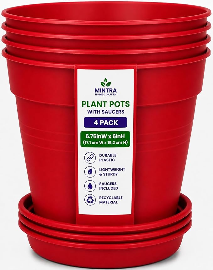 Mintra Garden Pots, 4 Pack Bulk Plastic Plant Pots with Drainage Tray, Round Indoor & Outdoor Decorative Planters with Drain Holes for Flowers, Herbs & Plants, 17cm Diameter – Red, 6.6 in