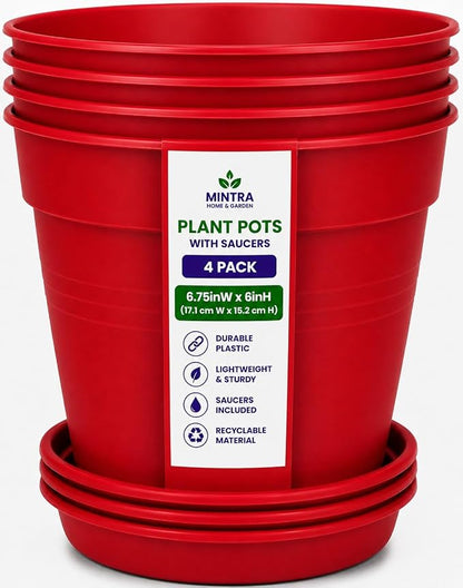Mintra Garden Pots, 4 Pack Bulk Plastic Plant Pots with Drainage Tray, Round Indoor & Outdoor Decorative Planters with Drain Holes for Flowers, Herbs & Plants, 17cm Diameter – Red, 6.6 in