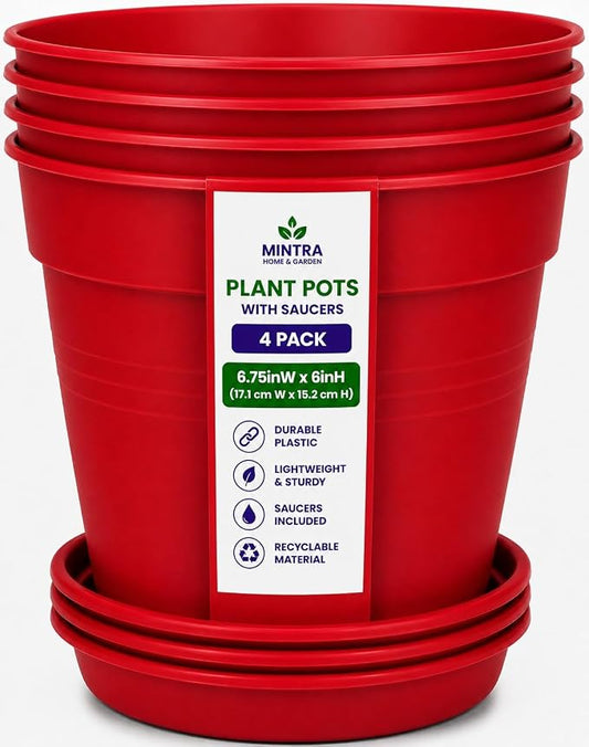 Mintra Garden Pots, 4 Pack Bulk Plastic Plant Pots with Drainage Tray, Round Indoor & Outdoor Decorative Planters with Drain Holes for Flowers, Herbs & Plants, 17cm Diameter – Red, 6.6 in