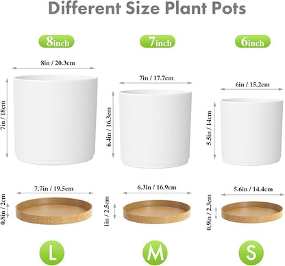 Meowell 8/7/6 inch Plant Pots, 3 Pack Cylinder Flower Pots for Outdoor Indoor Plants, Decorative Plastic Planters with Drainage Holes and Saucers for Garden House Plants, White with Brown