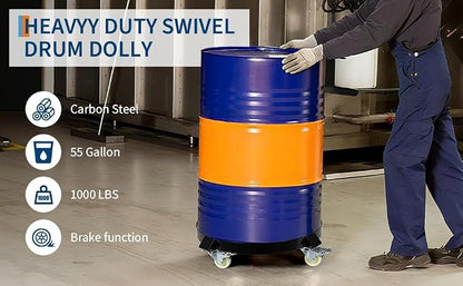 55-Gallon Drum Dolly, Heavy Duty 1000Lbs Load Capacity,Barrel Dolly Cart with Cross Braces & Swivel Casters Wheel,Steel Fram,Non Tipping Design,Barrel Cart with Brake for Warehouse Drum Handling