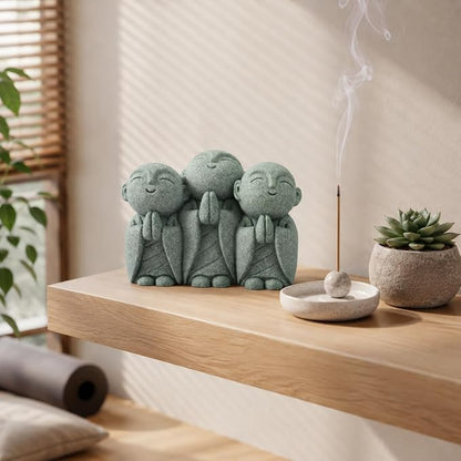 Triple Jizo Monk Statue, Sandstone Figurine for Zen Aquarium Decor | Triple Jizo monk sandstone figurine with connected design for aquarium decor, bonsai displays, and minimalist zen spaces