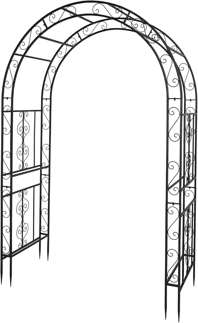 Outvita 7FT Metal Garden Arch Arbor, Black Trellis Frame | Heavy duty metal arbour with 7 in ground stakes; for roses, vines, lawn, patio, wedding & party decor