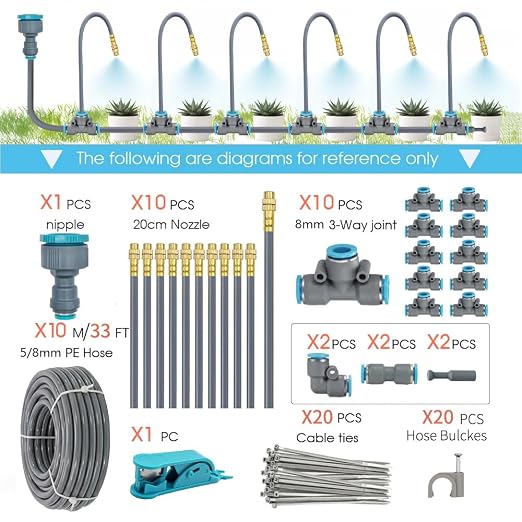 Drip Irrigation System, 33Ft 5/16 Inch Hose, 10 Adjustable Copper Nozzles, Automatic Atomizing Watering Kit for Greenhouse, Outdoor, Raised Bed, Lawn