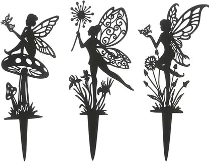 Decorative Garden Stakes， Fairy Garden Stakes, Butterfly Fairy Stakes for Weather Resistant Black Metal Outdoor Decorative Art for Women Gift (Matte Black, 3P-B)