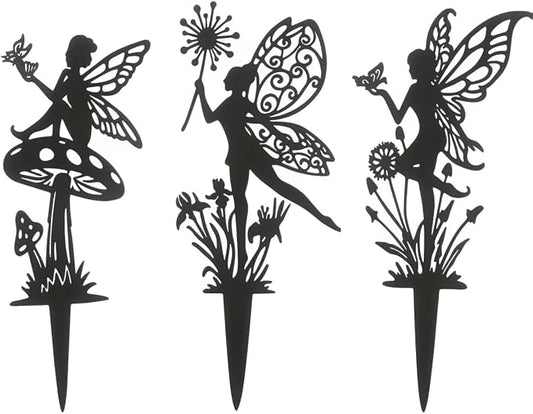 Decorative Garden Stakes， Fairy Garden Stakes, Butterfly Fairy Stakes for Weather Resistant Black Metal Outdoor Decorative Art for Women Gift (Matte Black, 3P-B)