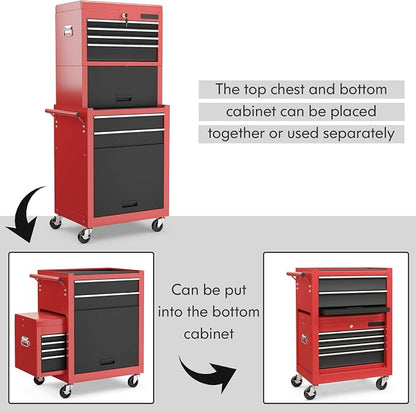 Goplus Tool Chest, 3-in-1 Rolling 6 Drawers Tool Cabinet with Detachable Top Toolbox, Middle Tool Storage, Universal Lockable Wheels, Protective Liner, Auto Lock, Metal Tool Box for Garage Workshop