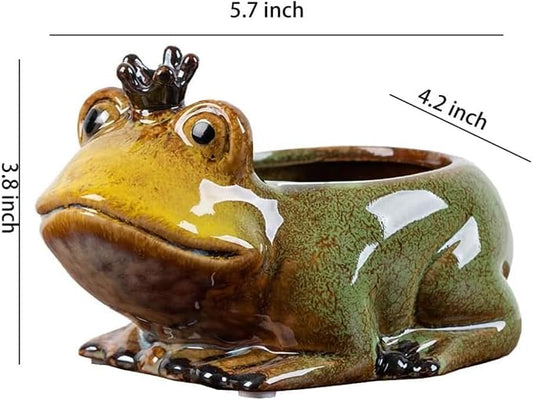 Ceramic Succulent Plant Pot Cactus Plant Pot Flower Pot Container Planter with Drainage Hole Home Office Desk Garden Gift Idea Animal Shaped Flower Pot Cute Vase Pot (Frog Prince)