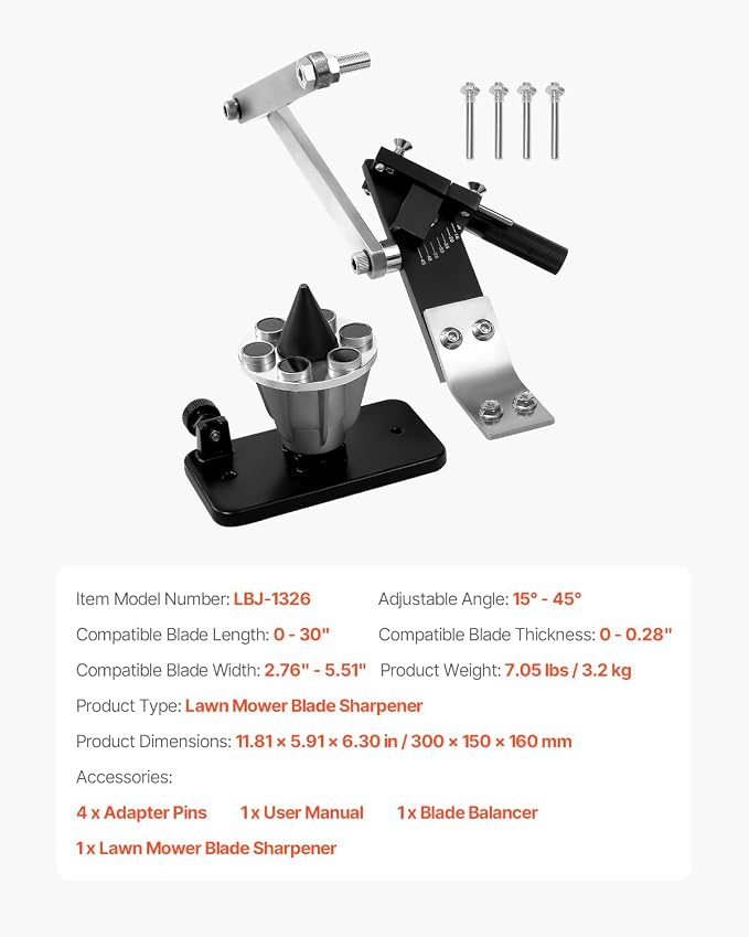 VEVOR Lawn Mower Blade Sharpener and Balancer, 15° - 45° Adjustable Lawnmower Blade Sharpening Tool with 4 Adapter Pins, Ball Bearings & 25mm Enlarged Handle, Compatible with Most Angle Grinders