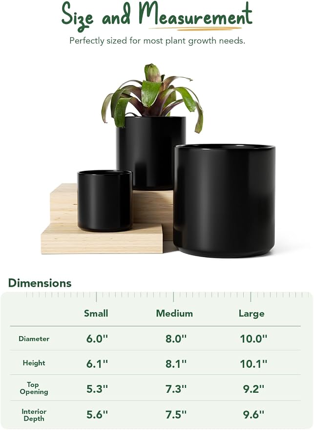LE TAUCI 10+8+6 Inch Ceramic Pots for Plants, Indoor Planters with Drainage Hole and Plug, Modern Cylinder Flower Pots Set of 3 for Office and Living Room, Satin, Black