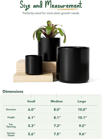 LE TAUCI 10+8+6 Inch Ceramic Pots for Plants, Indoor Planters with Drainage Hole and Plug, Modern Cylinder Flower Pots Set of 3 for Office and Living Room, Satin, Black