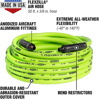 Flexzilla Open Face Retractable Air Hose Reel, 3/8 in. x 50 ft., Heavy Duty, ZillaGreen - L8611FZ & Air Hose, 3/8 in. x 50 ft., 1/4 in. MNPT Fittings, Heavy Duty, Lightweight, Hybrid, ZillaGreen