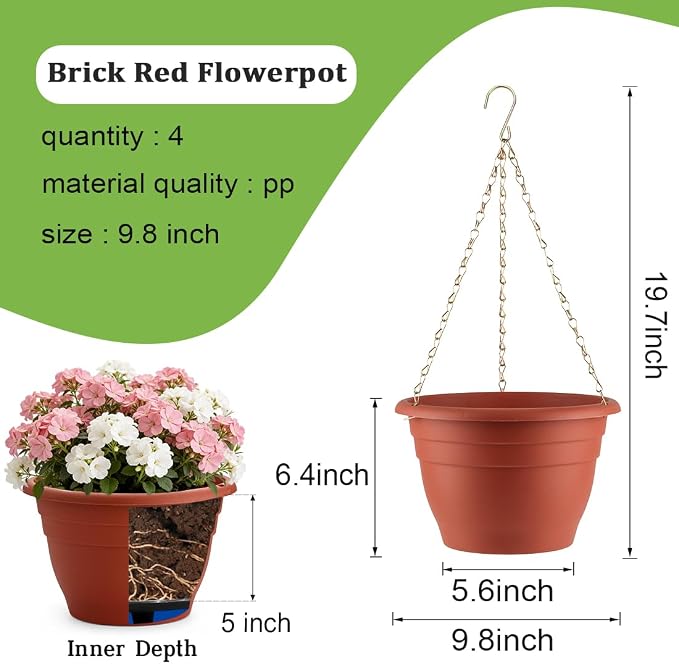 RooTrimmer Hanging Planters 10 Inch, 4 Pcs Flower Pots with Drainage Hole, Self Watering Hanging Basket for Indoor Outdoor Plants, Decor, Pottery Red
