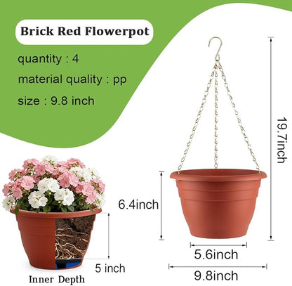 RooTrimmer Hanging Planters 10 Inch, 4 Pcs Flower Pots with Drainage Hole, Self Watering Hanging Basket for Indoor Outdoor Plants, Decor, Pottery Red