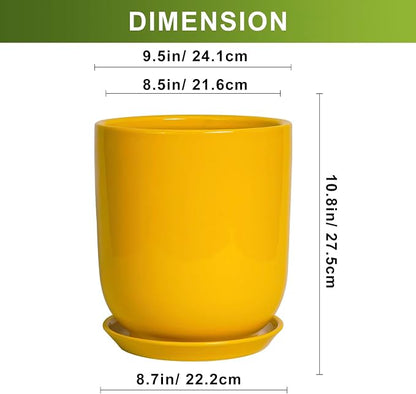 Ceramic Pot for Plants - 10 Inch Plant Pot Indoor with Drainage Hole and Saucer Large Planter for Outdoor Plants Cylinder Decorative Flower Pot Yellow