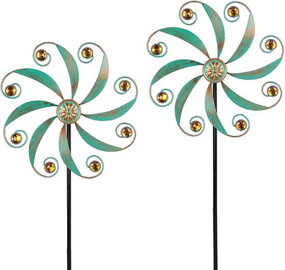 Stargarden 2Pack Wind Spinner, Metal Outdoor Wind Sculptures & Spinners | Small Garden Pinwheels for Yard and Garden Decor,Green