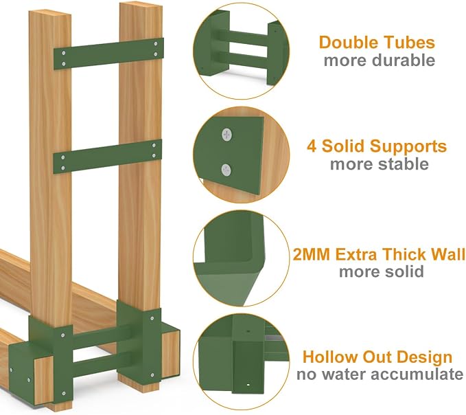 Outdoor Firewood Rack Brackets Kit for Fire Wood Pile Storage, Adjustable log stacking Stand Holder for 2x4 lumber, Green, Set of 2
