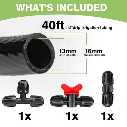 Maotong 40 FT 1/2 inch Drip Irrigation Irrigation kit Main Line Supply Hose Tube for Garden Irrigation System (Includes 1/2"" Straight Connector, 3-Way Connector, Switch Valve), Black