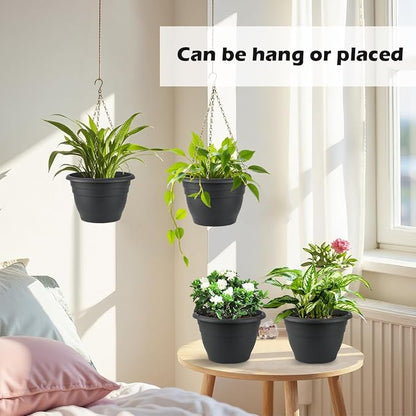 RooTrimmer Hanging Planters 10 Inch, 4 Pcs Flower Pots with Drainage Hole, Self Watering Hanging Basket for Indoor Outdoor Plants, Decor, Gray