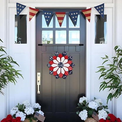 YEAHOME 4th of July Decorations Outdoor, 11" Red White and Blue Metal Flower Wall Art for Fourth of July Decor, Stars and Stripes Patriotic Decorations for Home Garden Lawn Porch