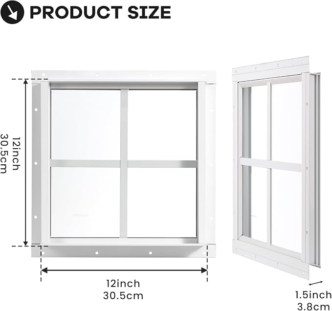 Shed Windows 2 Pack, Chicken Coop Fixed Windows 12" x 12" White | Square Gable Flush Mounted Small Windows with Tempered Glass for Shed, Barns, Playhouse, Household, Garage