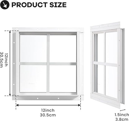 Shed Windows 2 Pack, Chicken Coop Fixed Windows 12" x 12" White | Square Gable Flush Mounted Small Windows with Tempered Glass for Shed, Barns, Playhouse, Household, Garage