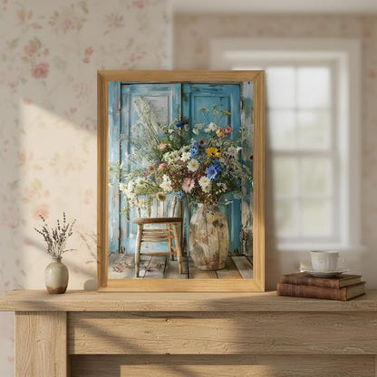 Vintage Wildflower Daisy Wall Art Framed Canvas, Rustic Floral Still Life Vase Painting, Farmhouse Daisy Wall Decor, Cottagecore Flower Decor for Living Room Bedroom Bathroom 8x10 Inch