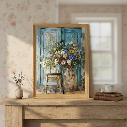 Vintage Wildflower Daisy Wall Art Framed Canvas, Rustic Floral Still Life Vase Painting, Farmhouse Daisy Wall Decor, Cottagecore Flower Decor for Living Room Bedroom Bathroom 8x10 Inch