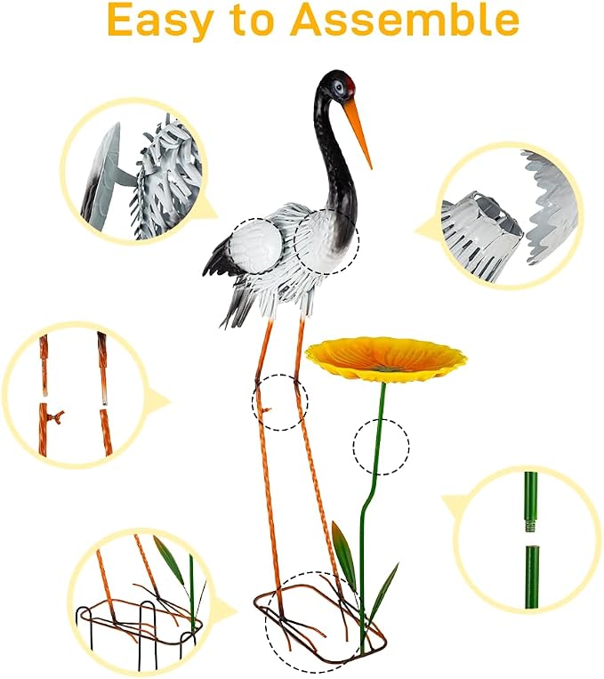 Large Heron Garden Statue for Outside,39" Crane Outdoor Statues with Leaf Tray,Metal Yard Art for Porch Backyard Patio Lawn Decor（Black+White）