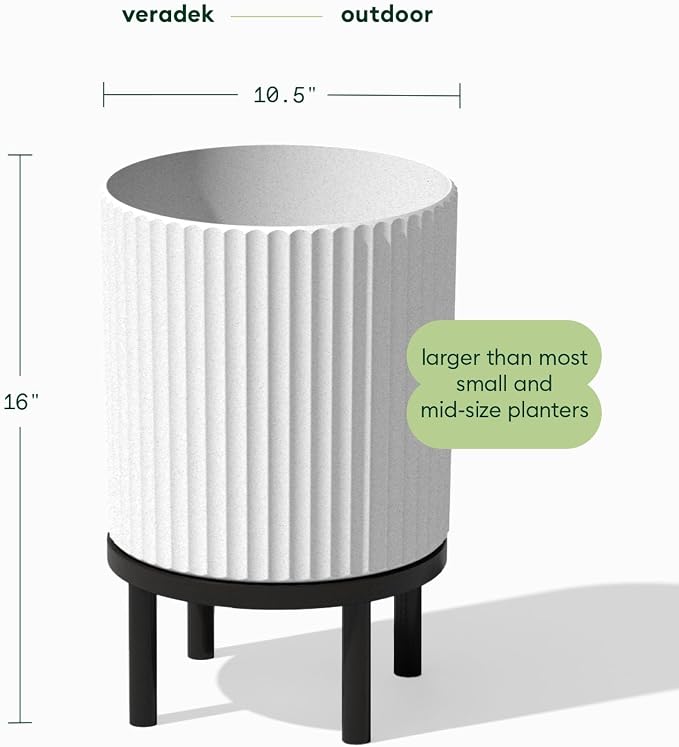 Veradek Demi Series Round Planter w/Stand for Porch/Patio | Durable Plastic-Stone Composite & Wooden Stand | Modern Décor for Tall Plants, Flowers