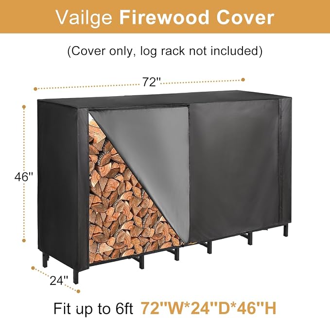 Vailge Firewood Rack Cover 6FT, Waterproof Firewood Rack Outdoor Cover with Full Front Zipper & Windproof Straps, Heavy Duty 600D Oxford Log Protector for All Seasons