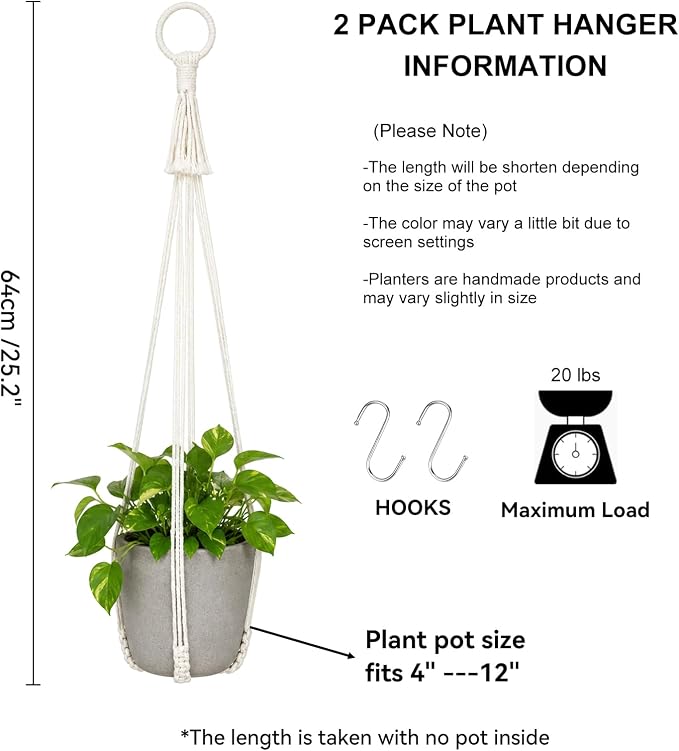 Artilady Macrame Hanging Planters Indoor Plant Hanger, Ivory White | Large, Boho Style, No Tassels, Window Balcony Outdoor Wall Decor