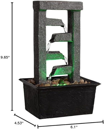 GOSSI 10" 4-Tier Tabletop Waterfall Fountain with Natural River Rocks, LED Lights, Resin Indoor Water Feature for Home Office Decor, Meditation Relaxation Gift